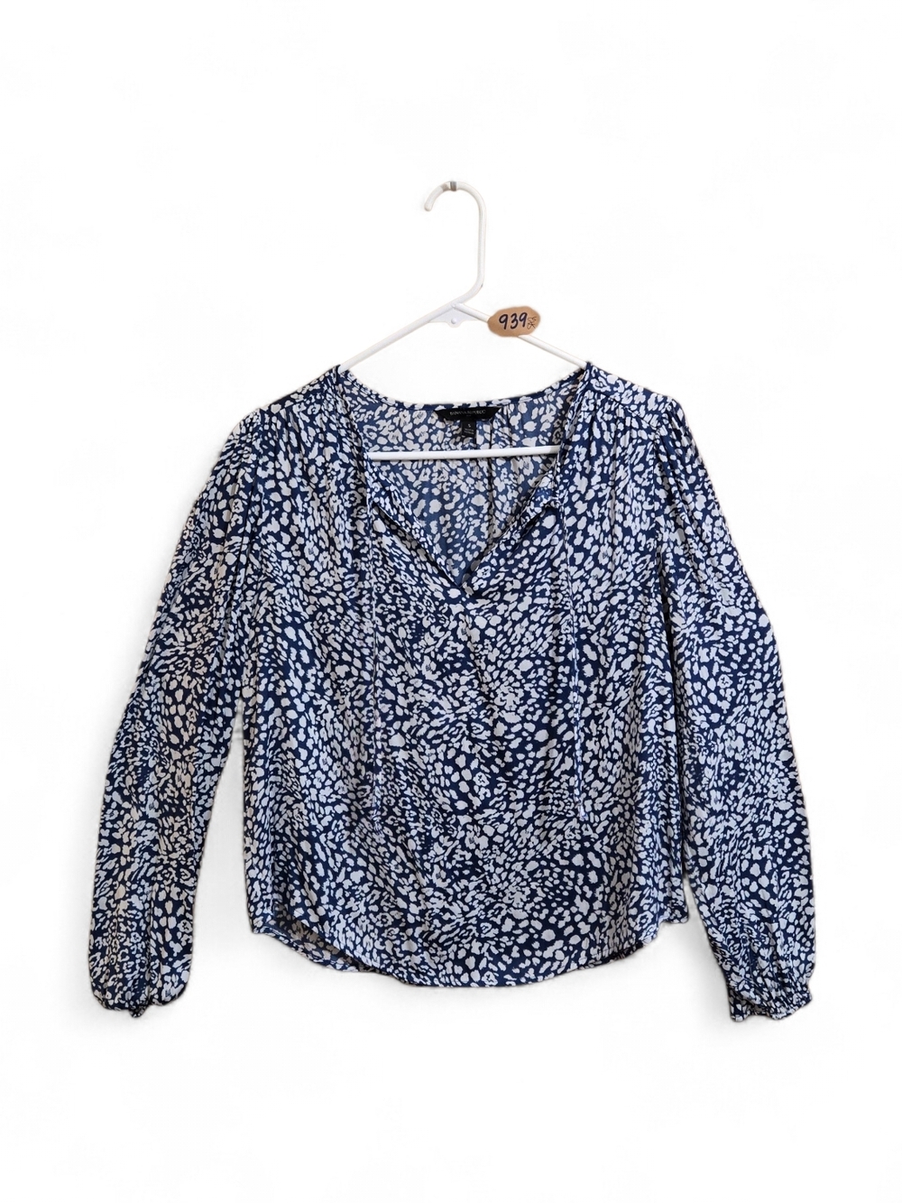 Banana Republic Navy Blue & White Printed Wrap-Front Blouse